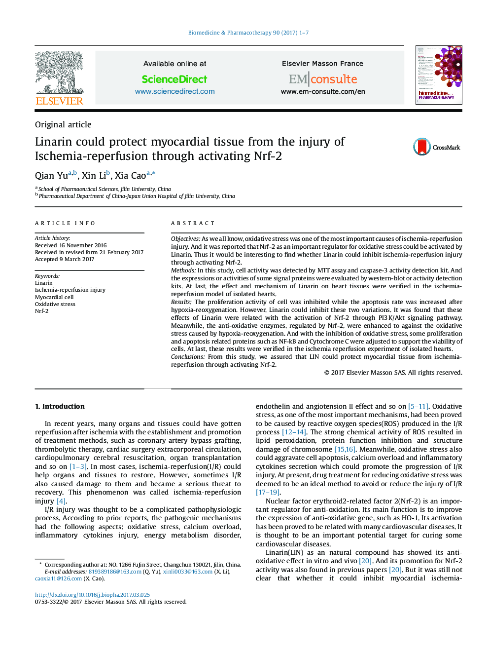 عکس صفحه اول مقاله: Linarin could protect myocardial tissue from the injury of Ischemia-reperfusion through activating Nrf-2 Linarin could protect myocardial tissue from the injury of Ischemia-reperfusion through activating Nrf-2