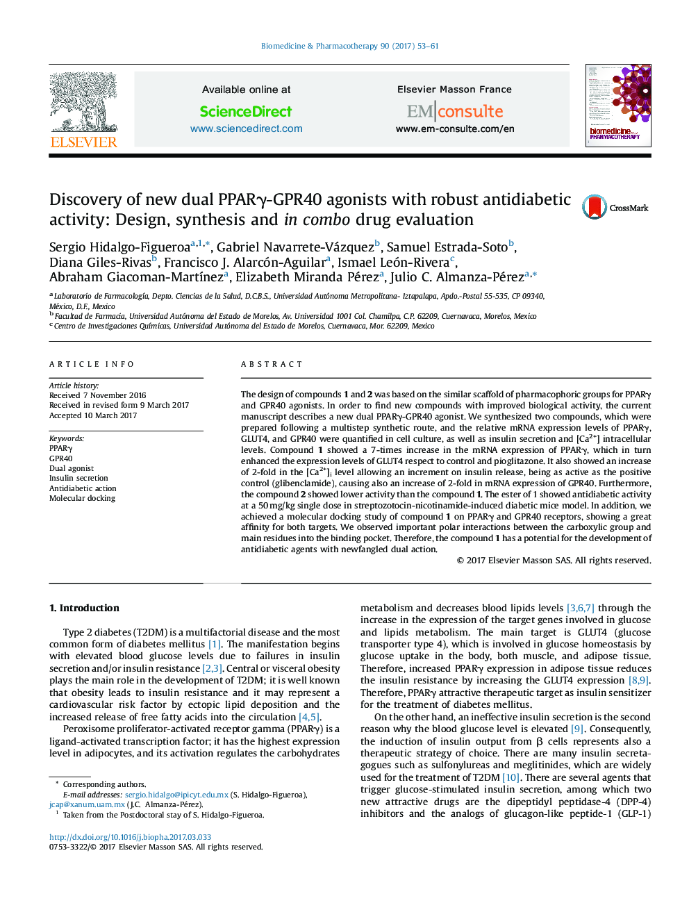 Discovery of new dual PPARÎ³-GPR40 agonists with robust antidiabetic activity: Design, synthesis and in combo drug evaluation