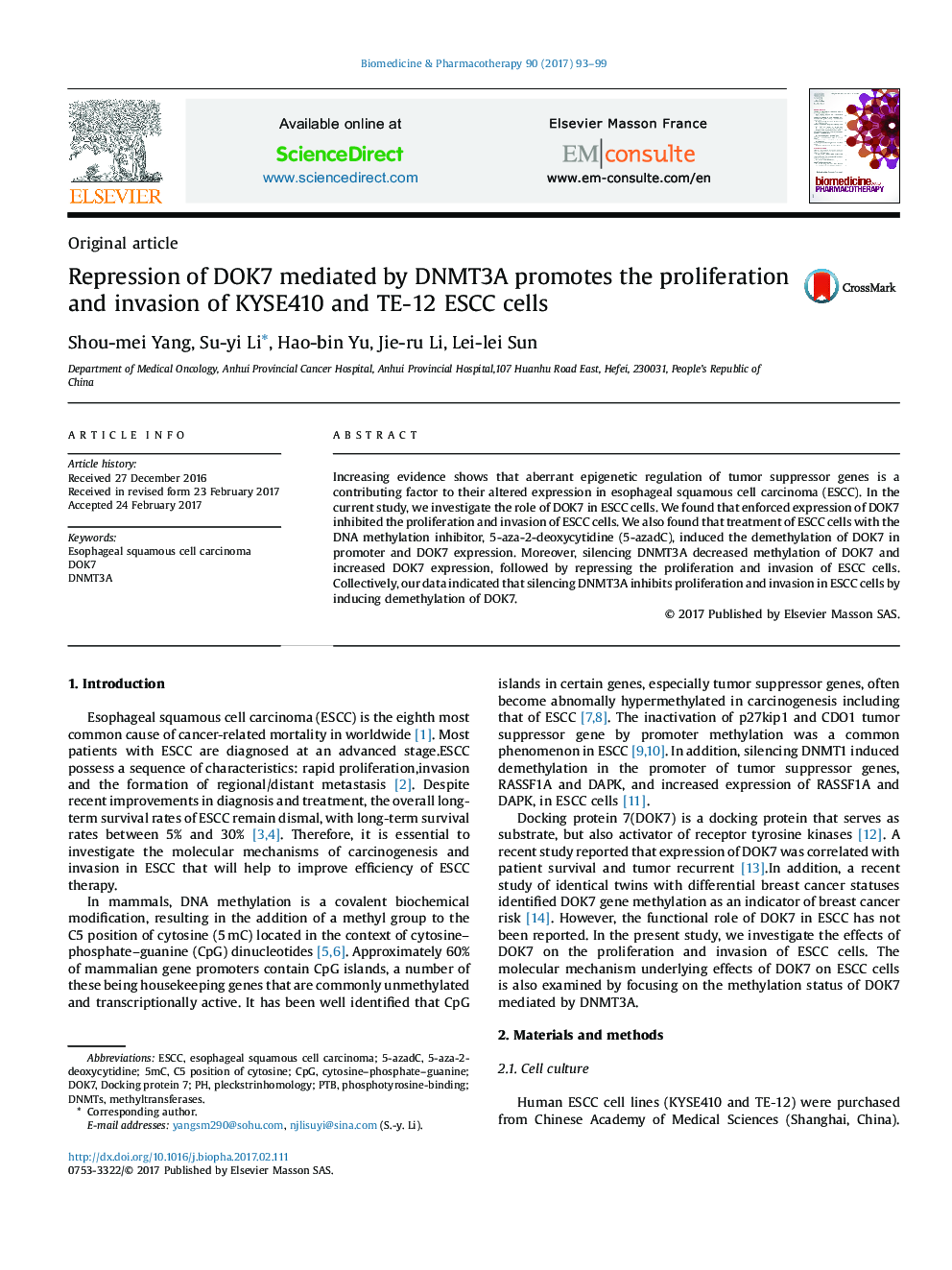 Repression of DOK7 mediated by DNMT3A promotes the proliferation and invasion of KYSE410 and TE-12 ESCC cells