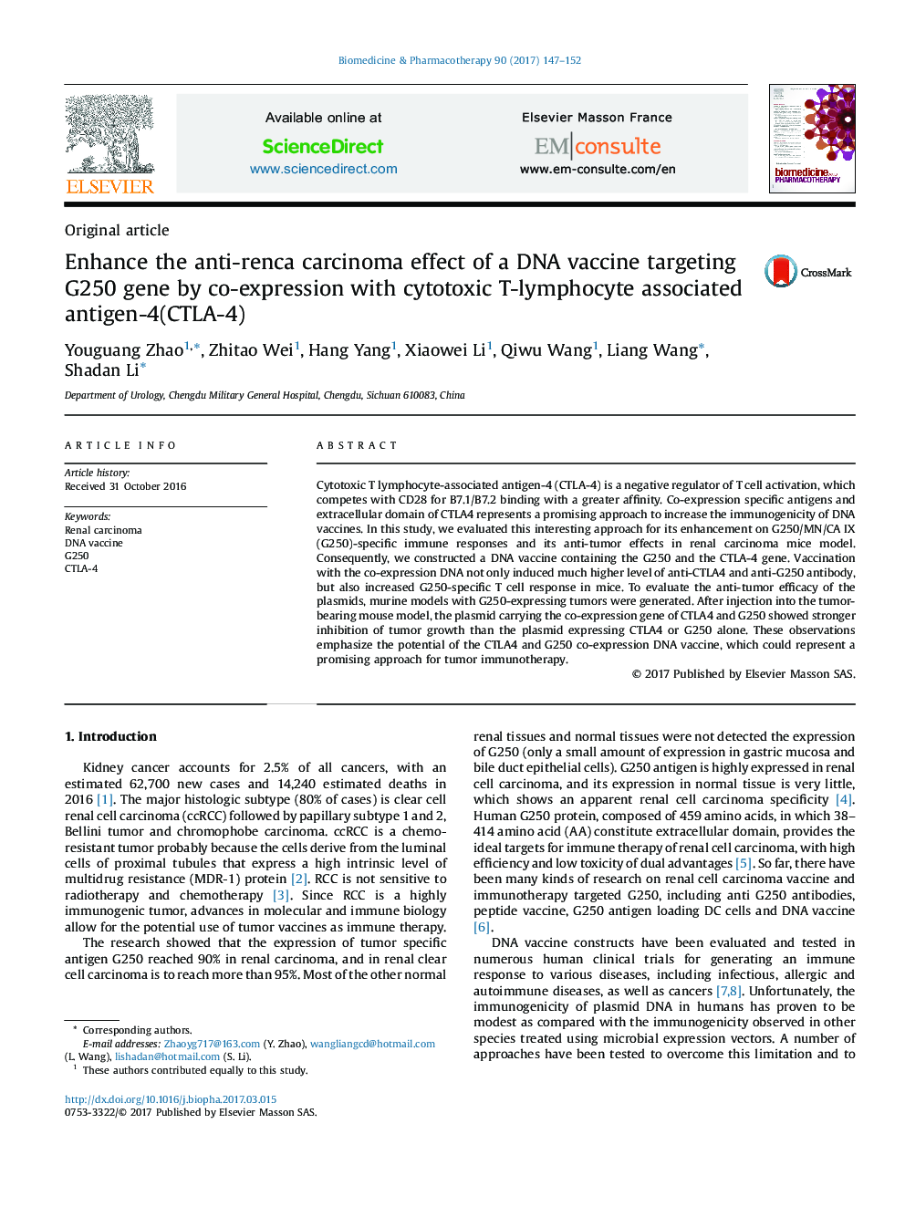 Enhance the anti-renca carcinoma effect of a DNA vaccine targeting G250 gene by co-expression with cytotoxic T-lymphocyte associated antigen-4(CTLA-4)