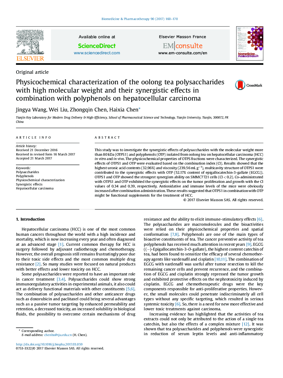 Physicochemical characterization of the oolong tea polysaccharides with high molecular weight and their synergistic effects in combination with polyphenols on hepatocellular carcinoma