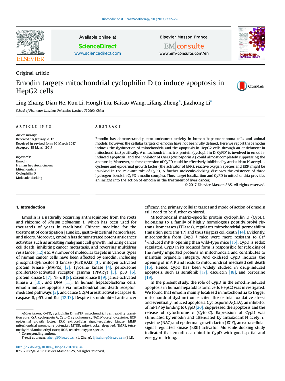 Emodin targets mitochondrial cyclophilin D to induce apoptosis in HepG2 cells