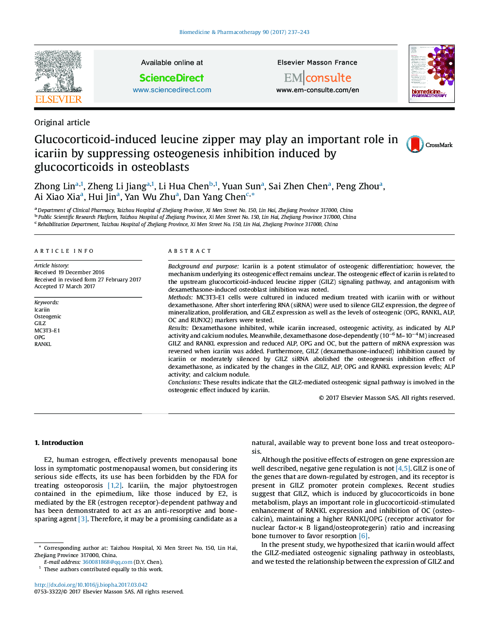 Glucocorticoid-induced leucine zipper may play an important role in icariin by suppressing osteogenesis inhibition induced by glucocorticoids in osteoblasts