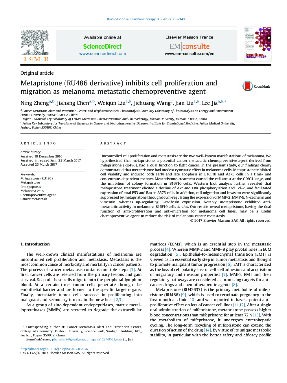 Metapristone (RU486 derivative) inhibits cell proliferation and migration as melanoma metastatic chemopreventive agent