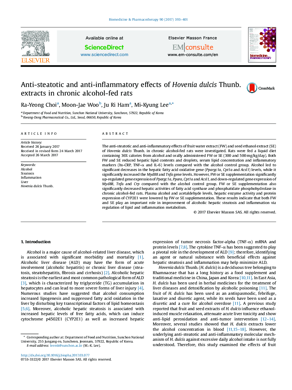 Anti-steatotic and anti-inflammatory effects of Hovenia dulcis Thunb. extracts in chronic alcohol-fed rats