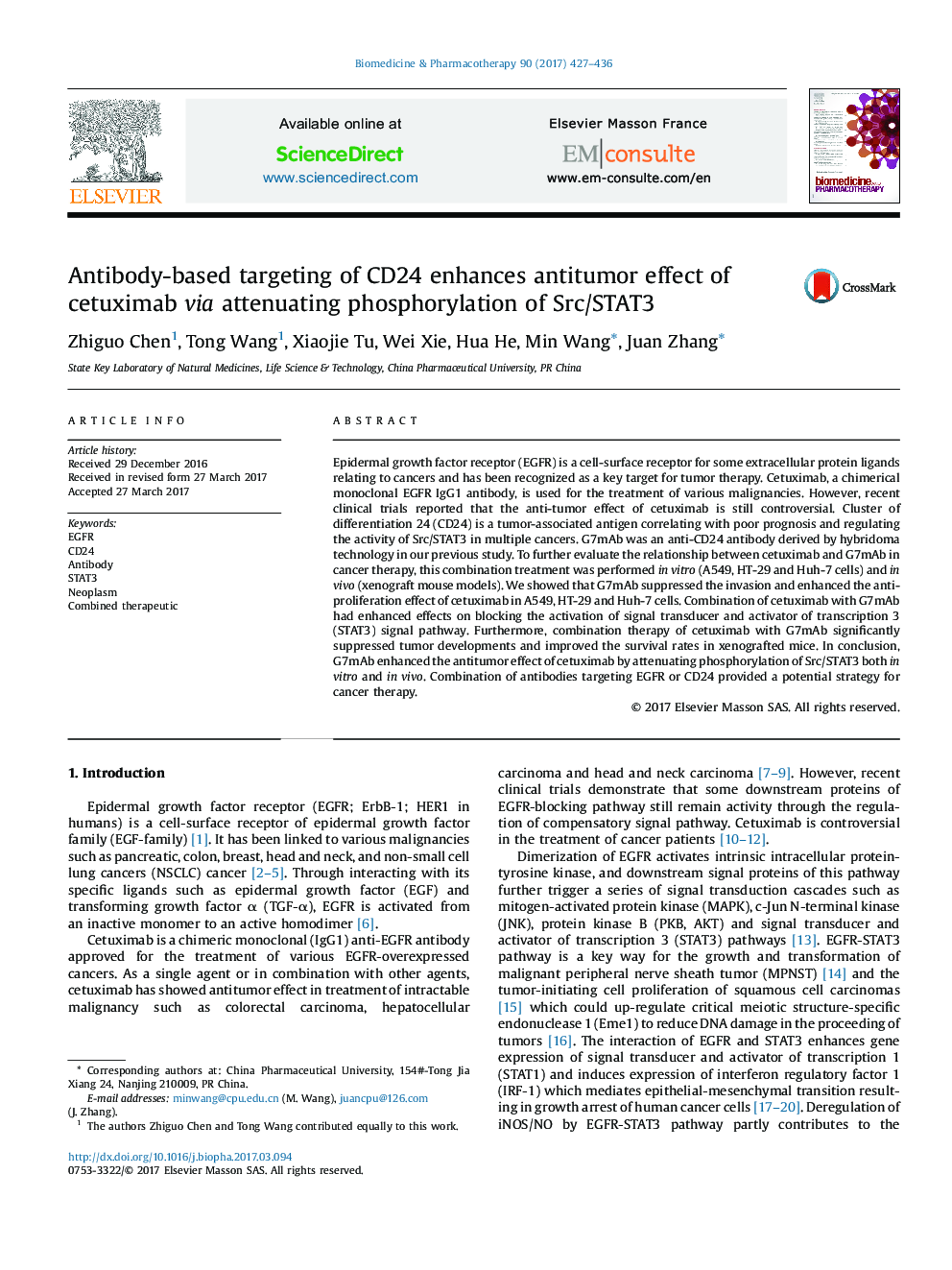 Antibody-based targeting of CD24 enhances antitumor effect of cetuximab via attenuating phosphorylation of Src/STAT3