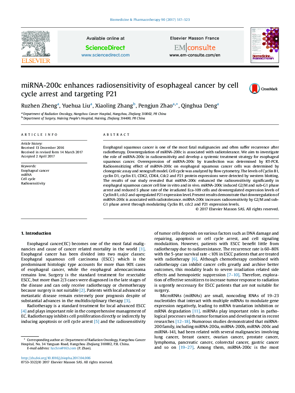 عکس صفحه اول مقاله: miRNA-200c enhances radiosensitivity of esophageal cancer by cell cycle arrest and targeting P21 miRNA-200c enhances radiosensitivity of esophageal cancer by cell cycle arrest and targeting P21