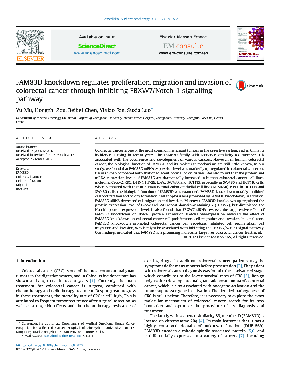 FAM83D knockdown regulates proliferation, migration and invasion of colorectal cancer through inhibiting FBXW7/Notch-1 signalling pathway