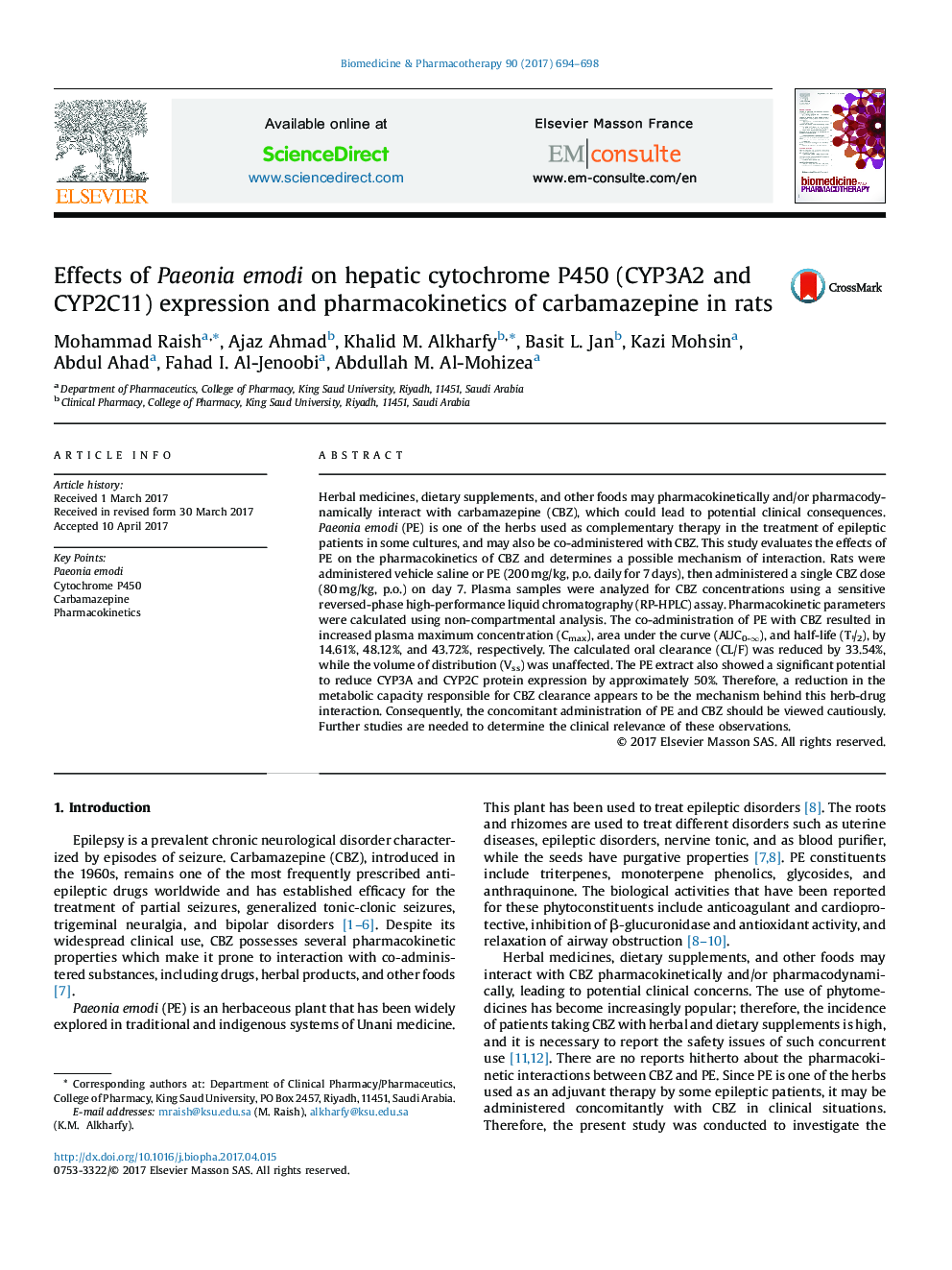 Effects of Paeonia emodi on hepatic cytochrome P450 (CYP3A2 and CYP2C11) expression and pharmacokinetics of carbamazepine in rats