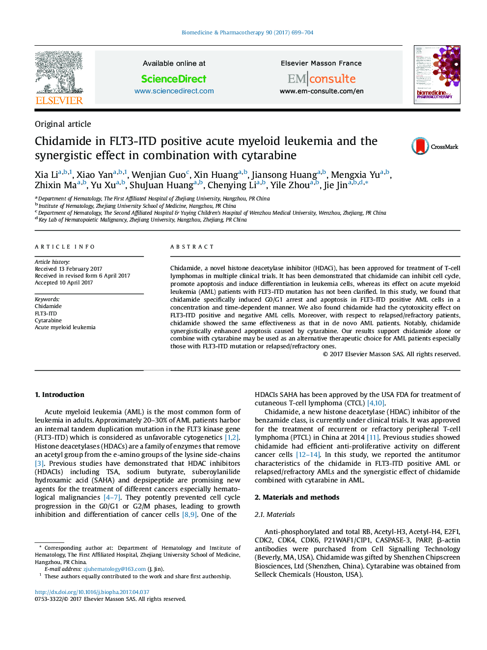 Chidamide in FLT3-ITD positive acute myeloid leukemia and the synergistic effect in combination with cytarabine