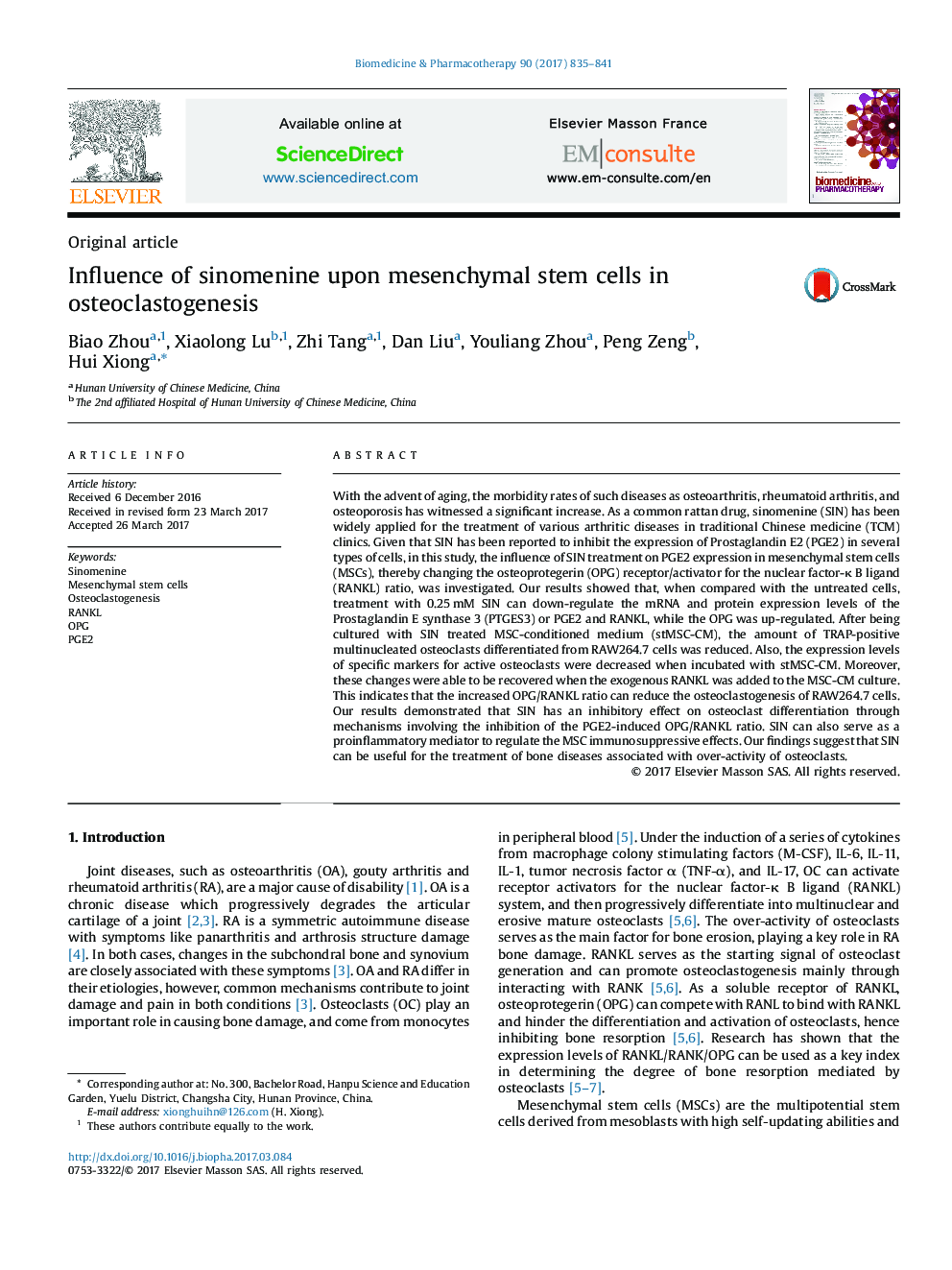 Influence of sinomenine upon mesenchymal stem cells in osteoclastogenesis