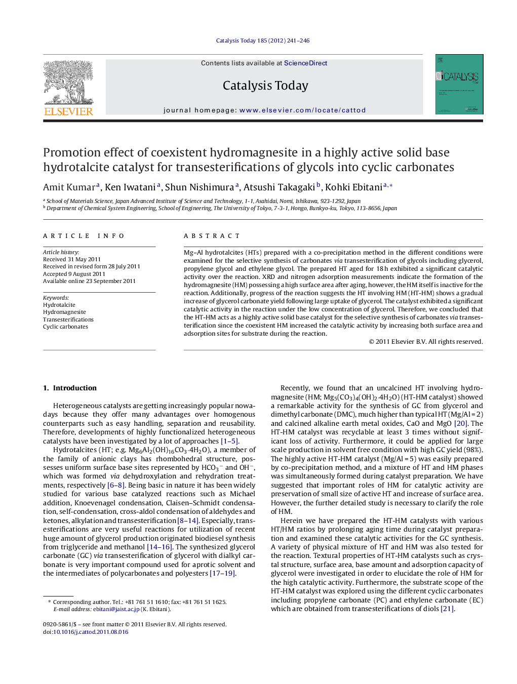 Promotion effect of coexistent hydromagnesite in a highly active solid base hydrotalcite catalyst for transesterifications of glycols into cyclic carbonates