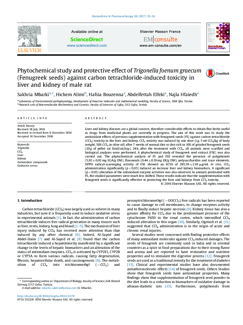 Phytochemical study and protective effect of Trigonella foenum graecum (Fenugreek seeds) against carbon tetrachloride-induced toxicity in liver and kidney of male rat