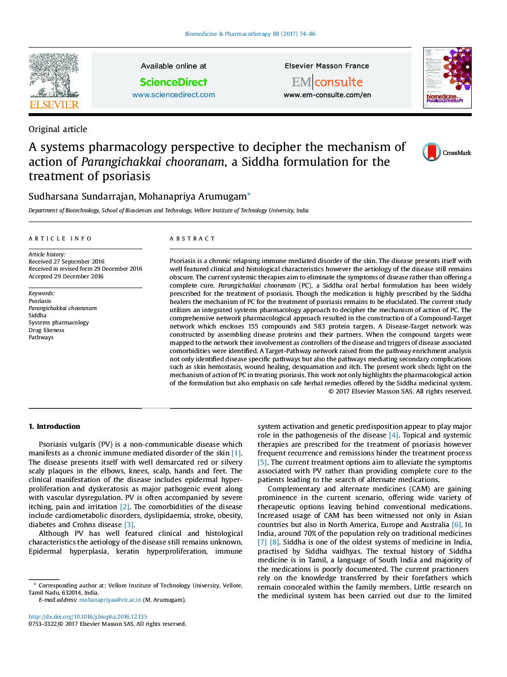 A systems pharmacology perspective to decipher the mechanism of action of Parangichakkai chooranam, a Siddha formulation for the treatment of psoriasis