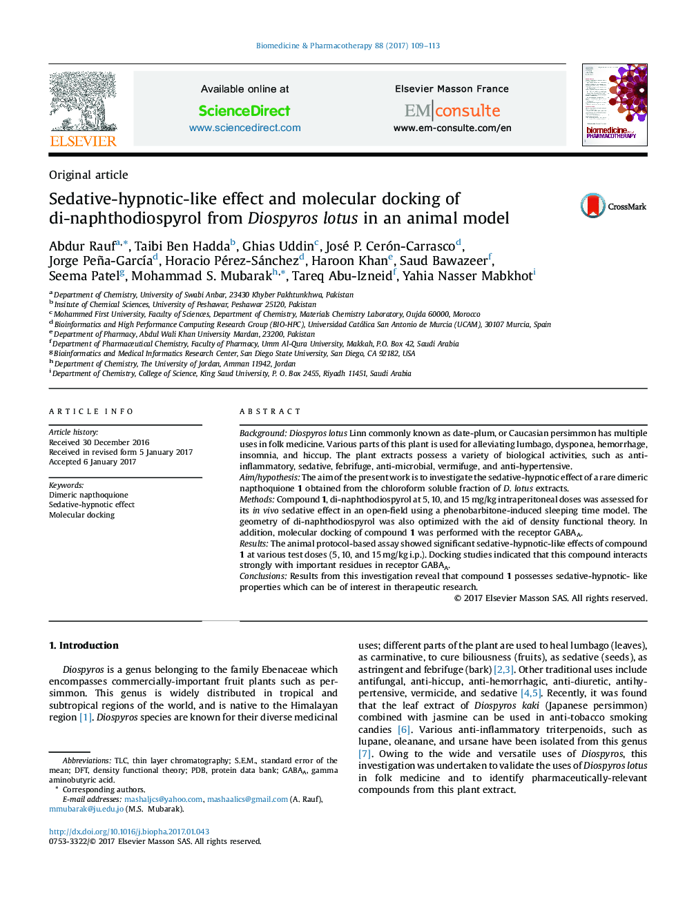 Sedative-hypnotic-like effect and molecular docking of di-naphthodiospyrol from Diospyros lotus in an animal model