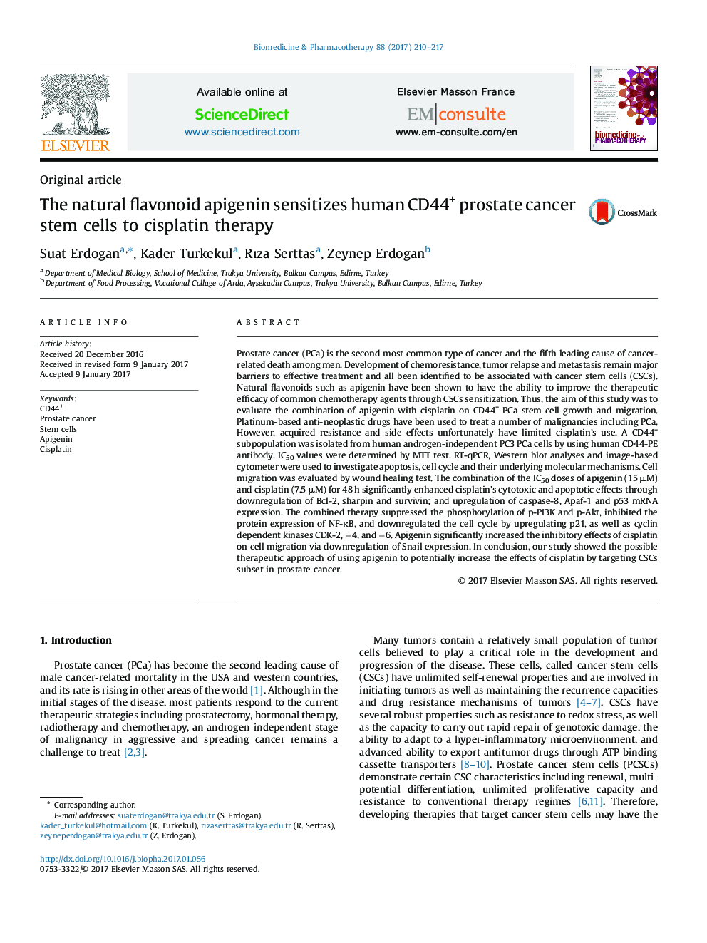 The natural flavonoid apigenin sensitizes human CD44+ prostate cancer stem cells to cisplatin therapy