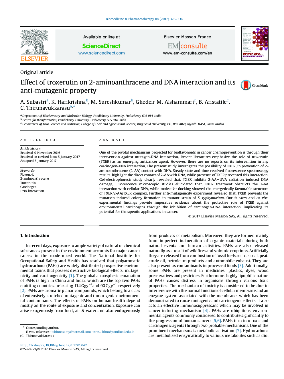 Effect of troxerutin on 2-aminoanthracene and DNA interaction and its anti-mutagenic property