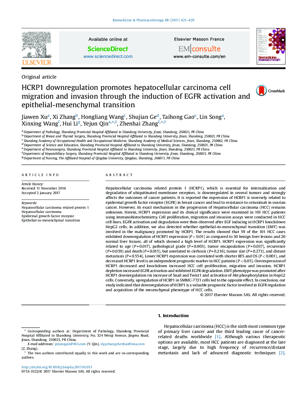 HCRP1 downregulation promotes hepatocellular carcinoma cell migration and invasion through the induction of EGFR activation and epithelial-mesenchymal transition