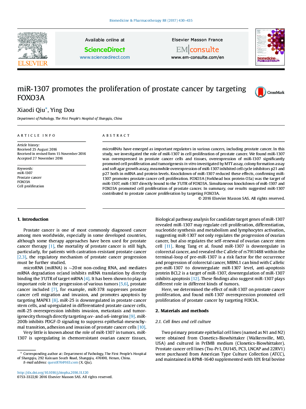 miR-1307 promotes the proliferation of prostate cancer by targeting FOXO3A