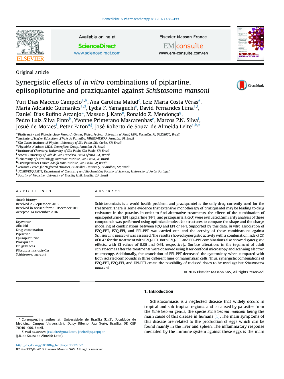 Synergistic effects of in vitro combinations of piplartine, epiisopiloturine and praziquantel against Schistosoma mansoni