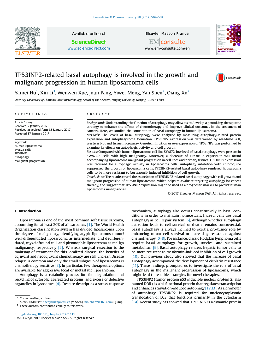 TP53INP2-related basal autophagy is involved in the growth and malignant progression in human liposarcoma cells