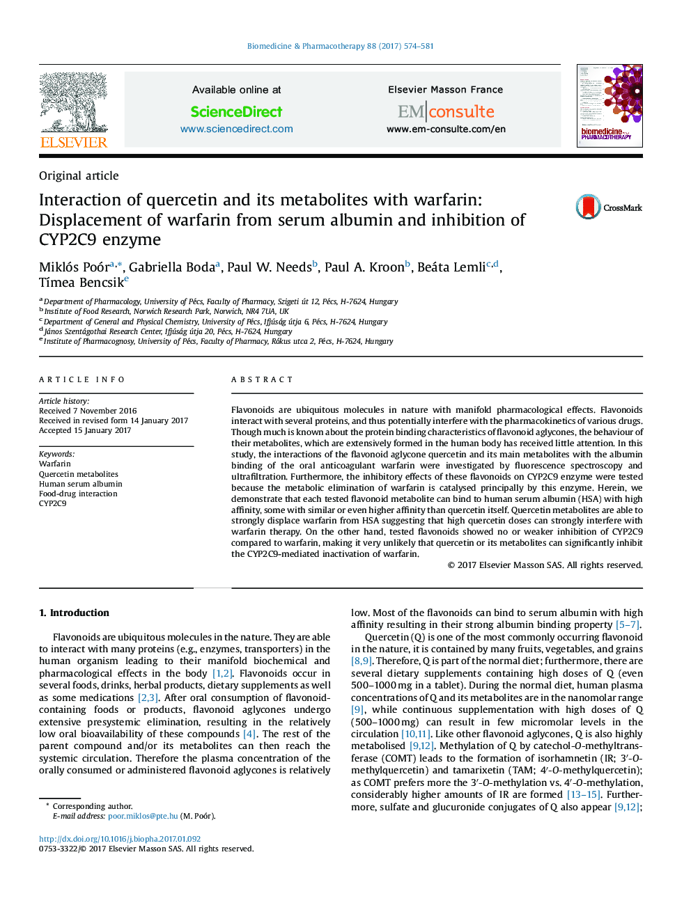 Interaction of quercetin and its metabolites with warfarin: Displacement of warfarin from serum albumin and inhibition of CYP2C9 enzyme