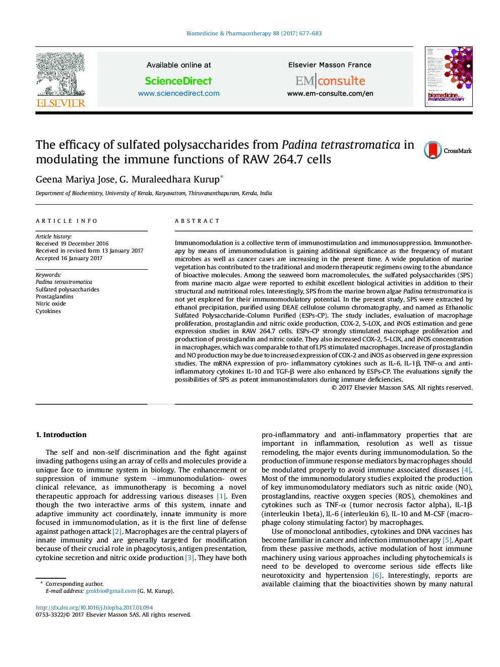 The efficacy of sulfated polysaccharides from Padina tetrastromatica in modulating the immune functions of RAW 264.7 cells