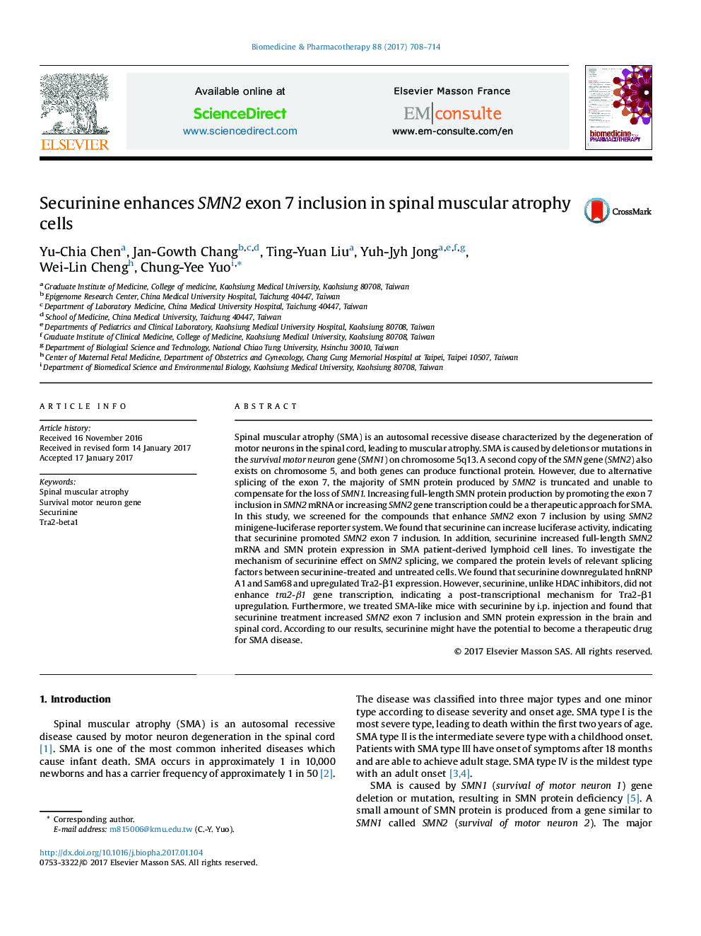 Securinine enhances SMN2 exon 7 inclusion in spinal muscular atrophy cells