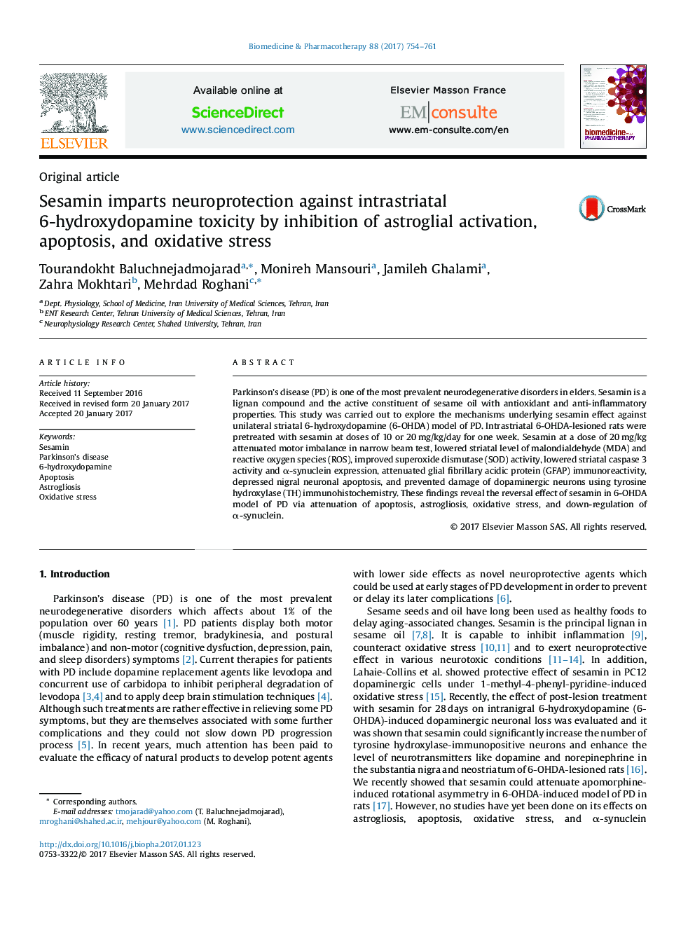 Sesamin imparts neuroprotection against intrastriatal 6-hydroxydopamine toxicity by inhibition of astroglial activation, apoptosis, and oxidative stress