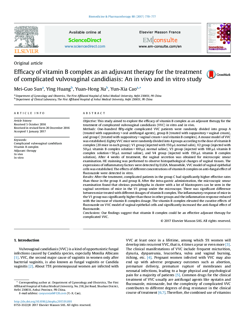 Efficacy of vitamin B complex as an adjuvant therapy for the treatment of complicated vulvovaginal candidiasis: An in vivo and in vitro study