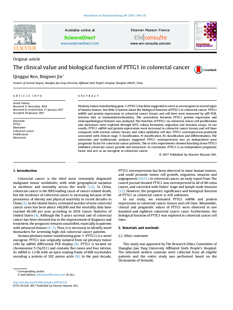 The clinical value and biological function of PTTG1 in colorectal cancer