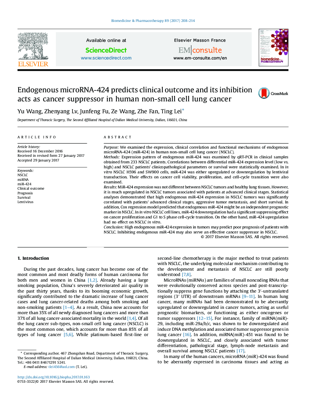 Endogenous microRNA-424 predicts clinical outcome and its inhibition acts as cancer suppressor in human non-small cell lung cancer