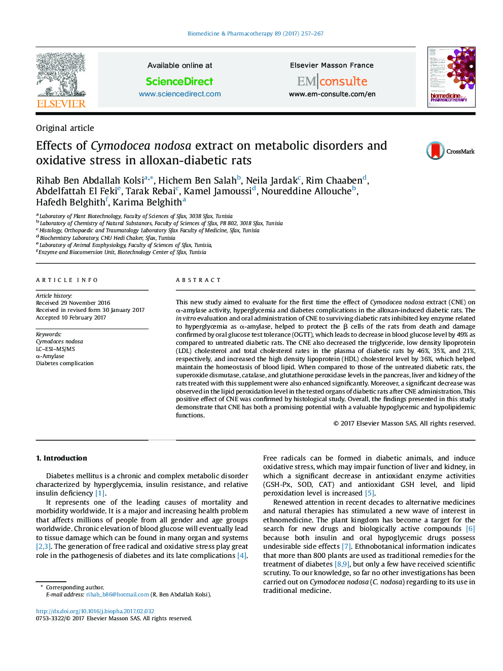 Effects of Cymodocea nodosa extract on metabolic disorders and oxidative stress in alloxan-diabetic rats