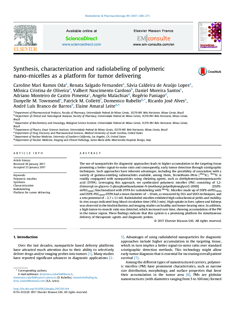 Synthesis, characterization and radiolabeling of polymeric nano-micelles as a platform for tumor delivering