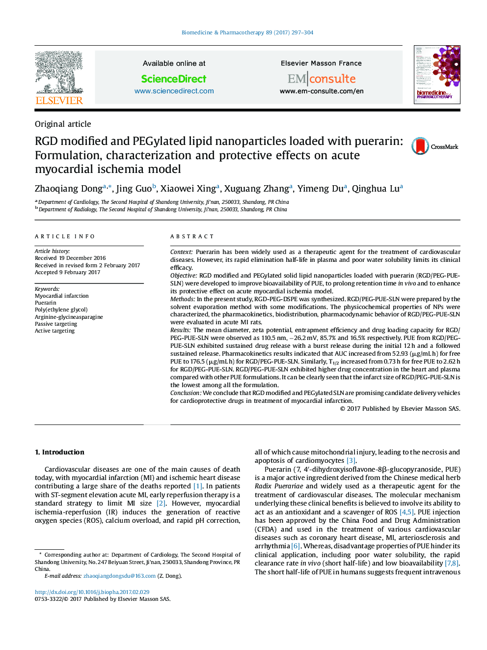 RGD modified and PEGylated lipid nanoparticles loaded with puerarin: Formulation, characterization and protective effects on acute myocardial ischemia model