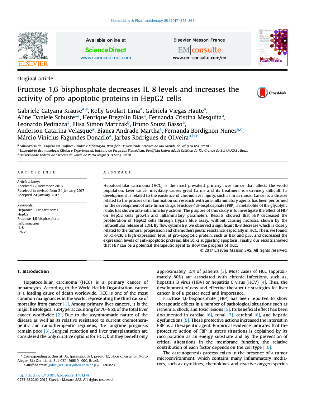 Fructose-1,6-bisphosphate decreases IL-8 levels and increases the activity of pro-apoptotic proteins in HepG2 cells