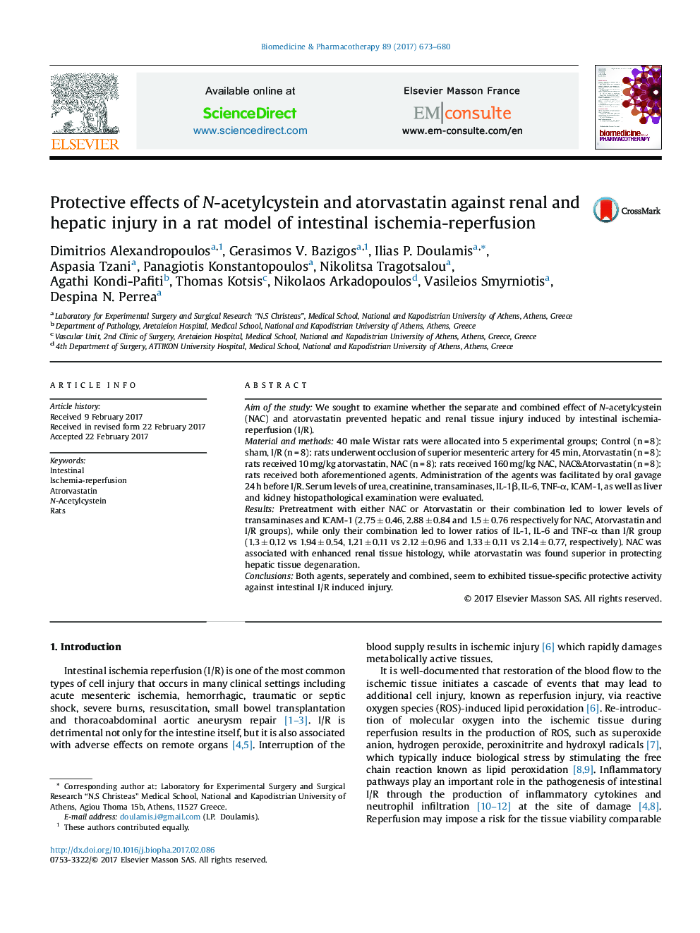 Protective effects of N-acetylcystein and atorvastatin against renal and hepatic injury in a rat model of intestinal ischemia-reperfusion