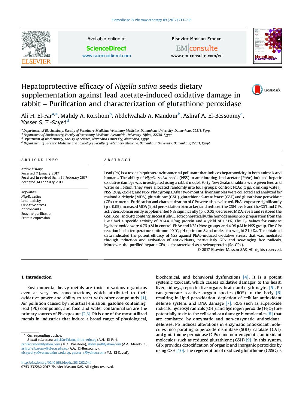 Hepatoprotective efficacy of Nigella sativa seeds dietary supplementation against lead acetate-induced oxidative damage in rabbit - Purification and characterization of glutathione peroxidase