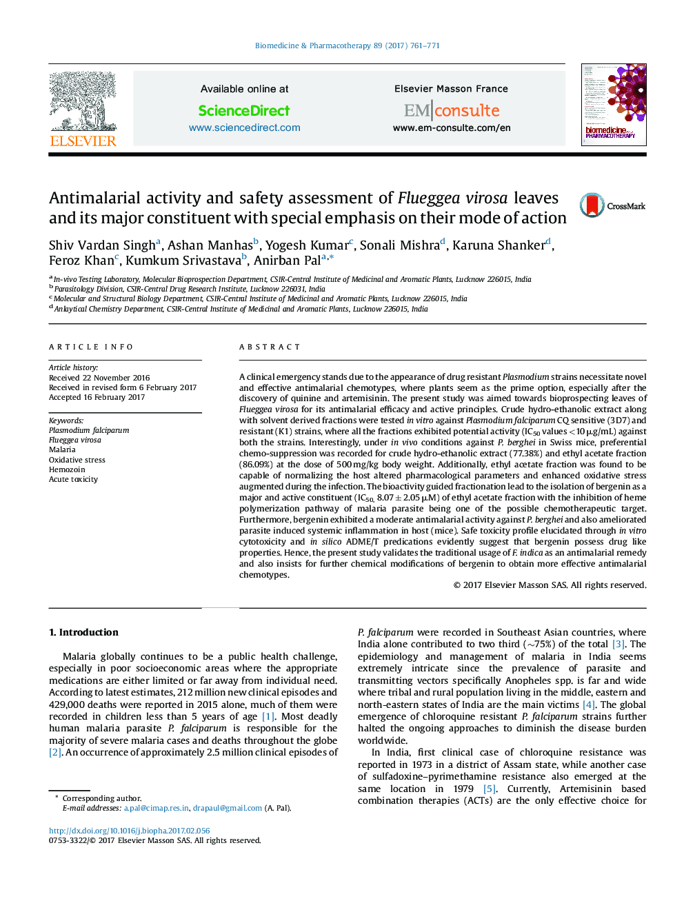 Antimalarial activity and safety assessment of Flueggea virosa leaves and its major constituent with special emphasis on their mode of action