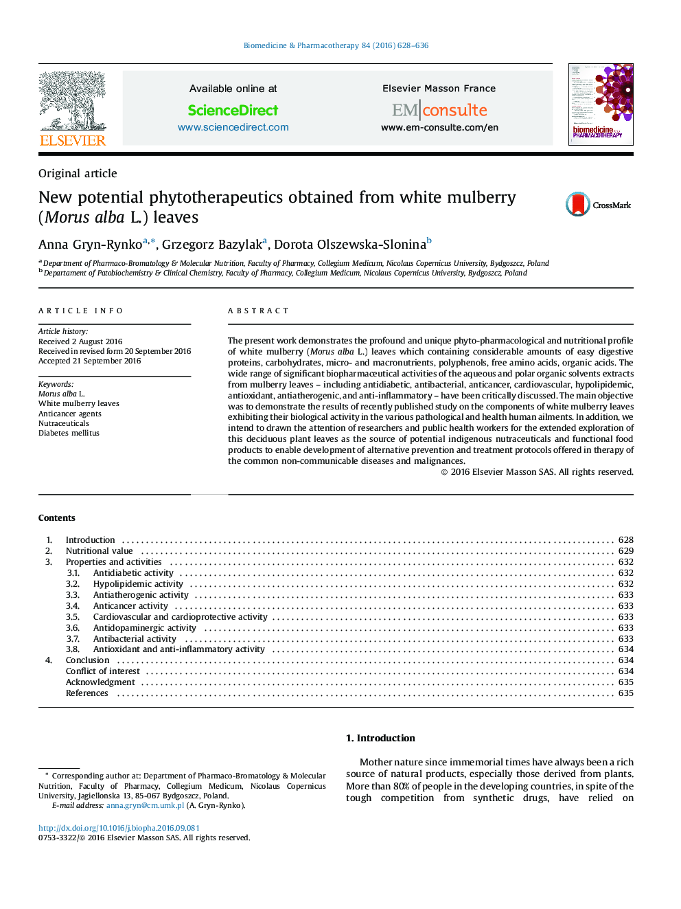 New potential phytotherapeutics obtained from white mulberry (Morus alba L.) leaves