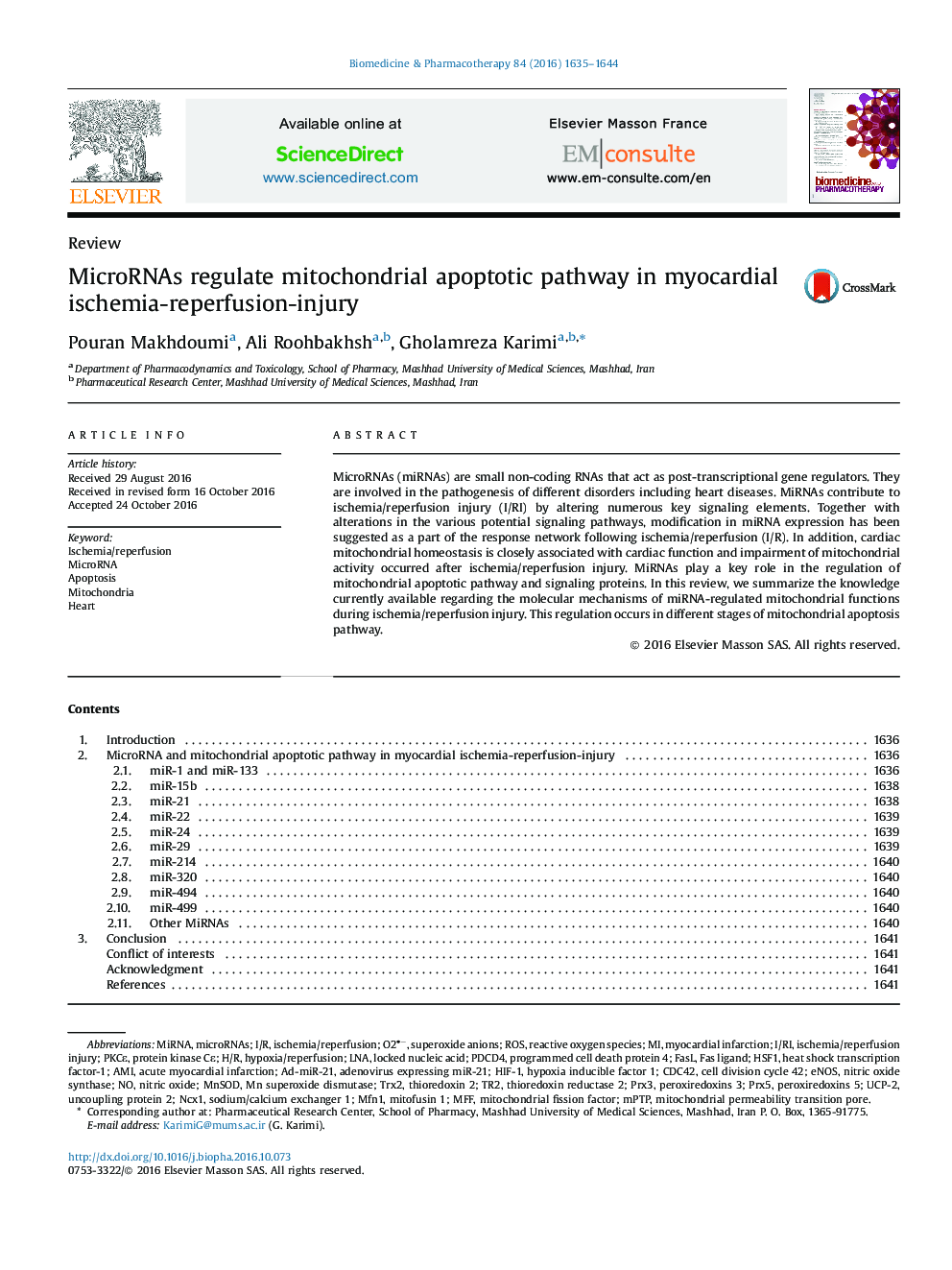 MicroRNAs regulate mitochondrial apoptotic pathway in myocardial ischemia-reperfusion-injury