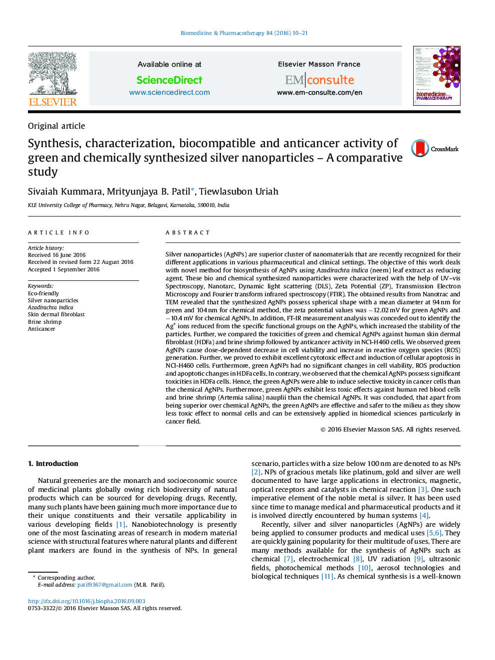 عکس صفحه اول مقاله: Synthesis, characterization, biocompatible and anticancer activity of green and chemically synthesized silver nanoparticles - A comparative study Synthesis, characterization, biocompatible and anticancer activity of green and chemically synthesized silver nanoparticles - A comparative study