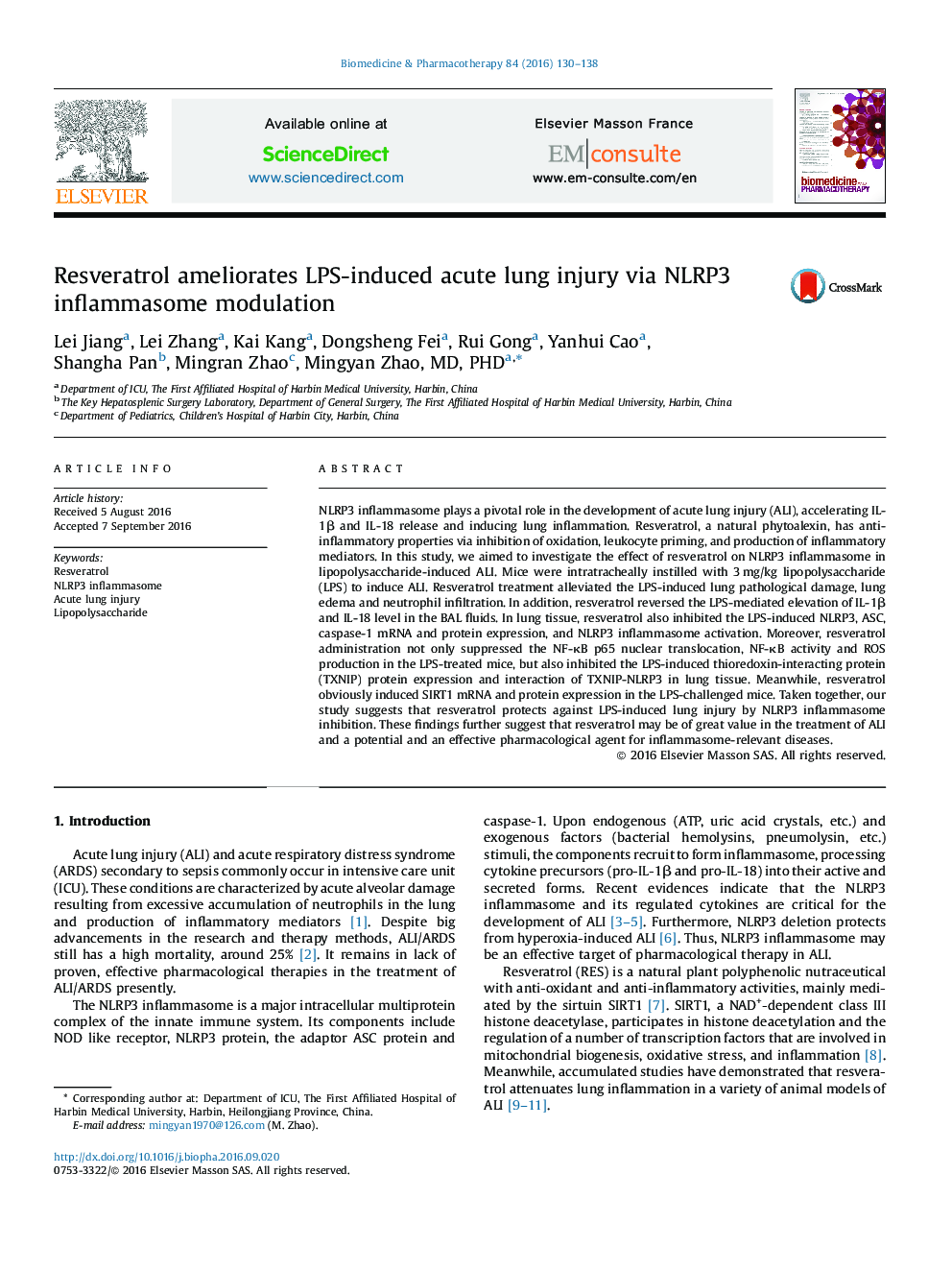 Resveratrol ameliorates LPS-induced acute lung injury via NLRP3 inflammasome modulation