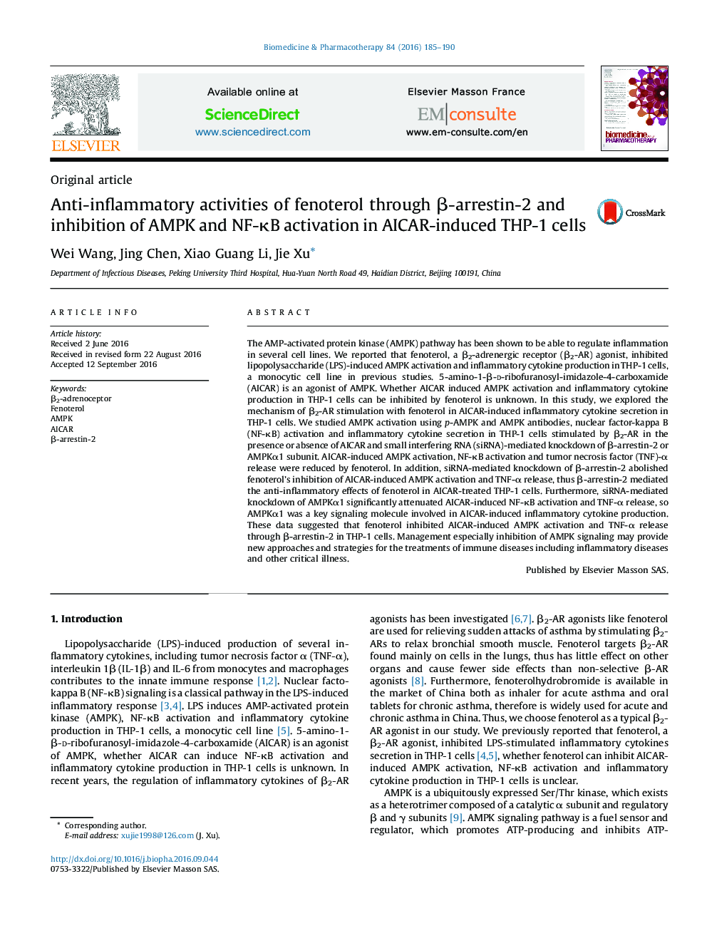 Anti-inflammatory activities of fenoterol through Î²-arrestin-2 and inhibition of AMPK and NF-ÎºB activation in AICAR-induced THP-1 cells