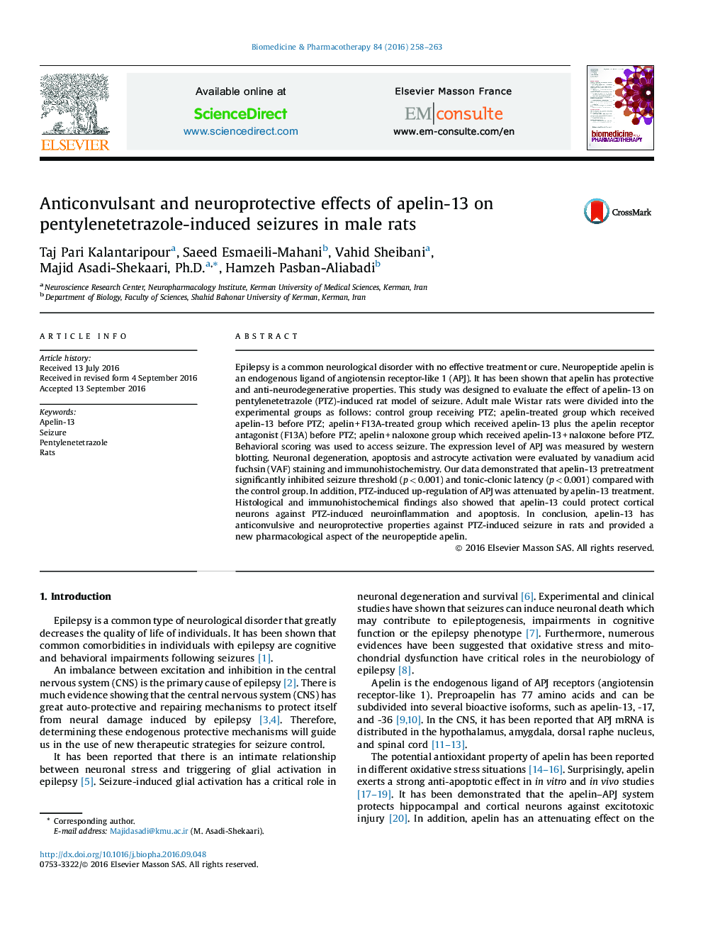 Anticonvulsant and neuroprotective effects of apelin-13 on pentylenetetrazole-induced seizures in male rats