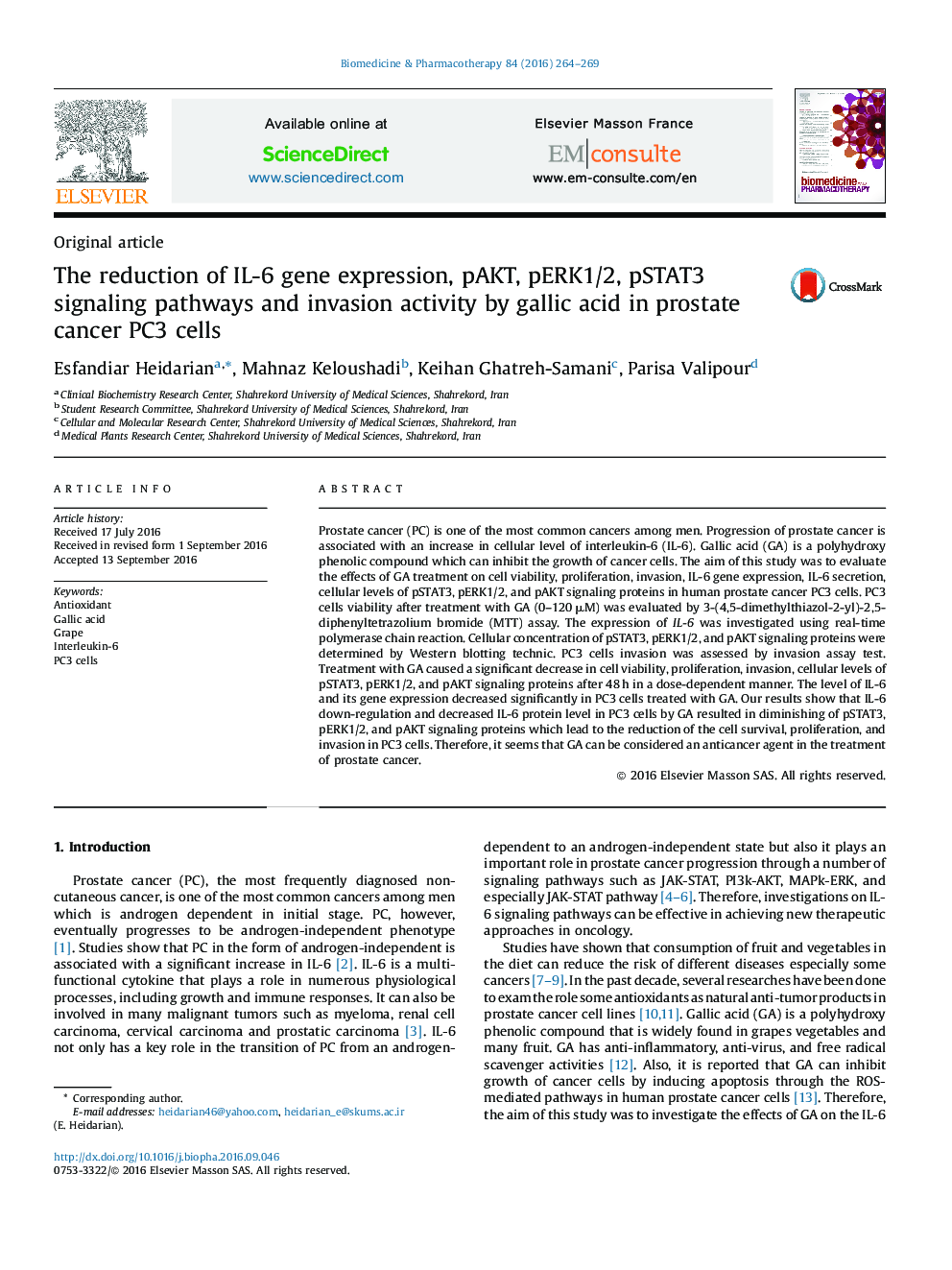 The reduction of IL-6 gene expression, pAKT, pERK1/2, pSTAT3 signaling pathways and invasion activity by gallic acid in prostate cancer PC3 cells