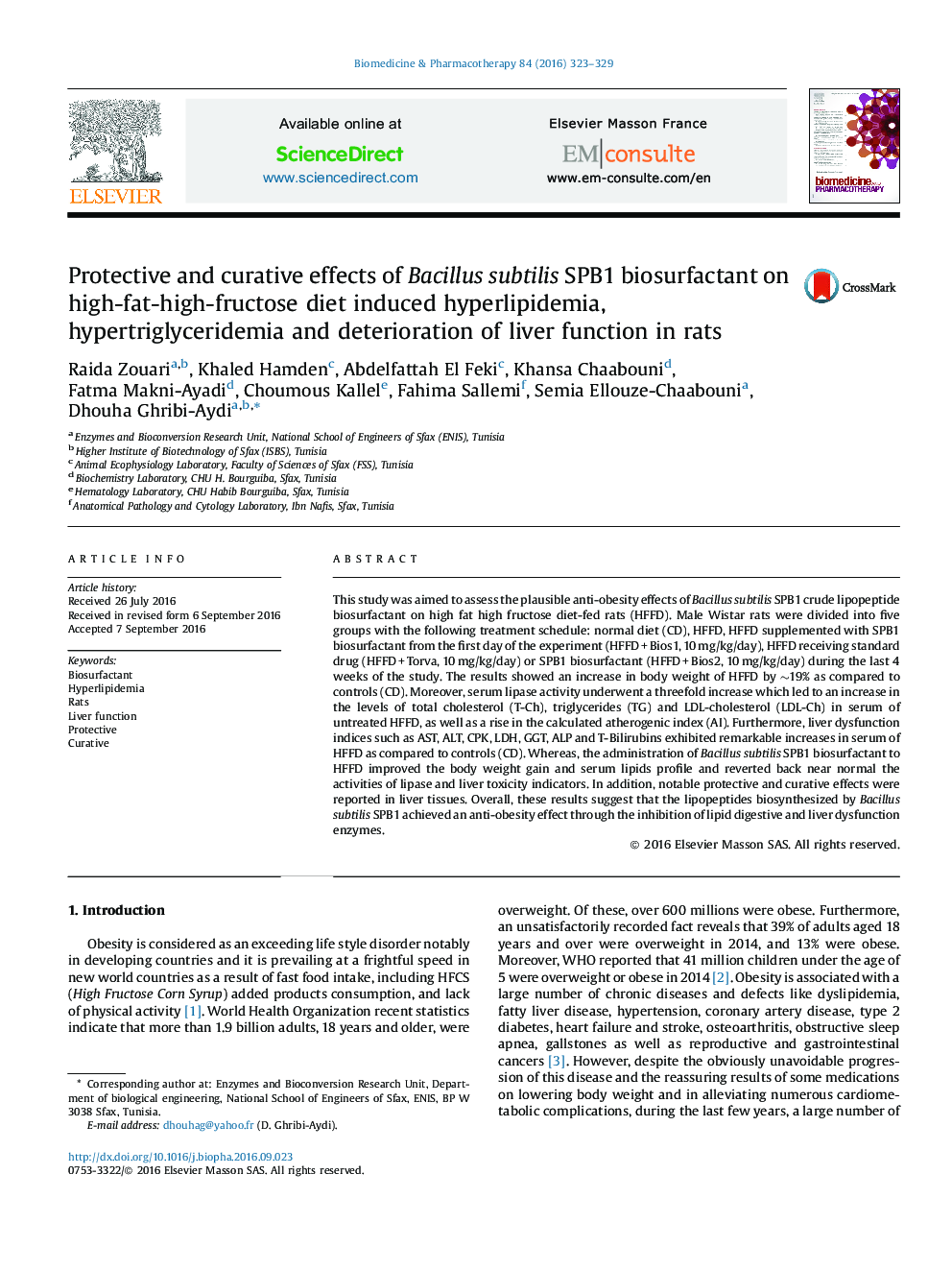 Protective and curative effects of Bacillus subtilis SPB1 biosurfactant on high-fat-high-fructose diet induced hyperlipidemia, hypertriglyceridemia and deterioration of liver function in rats