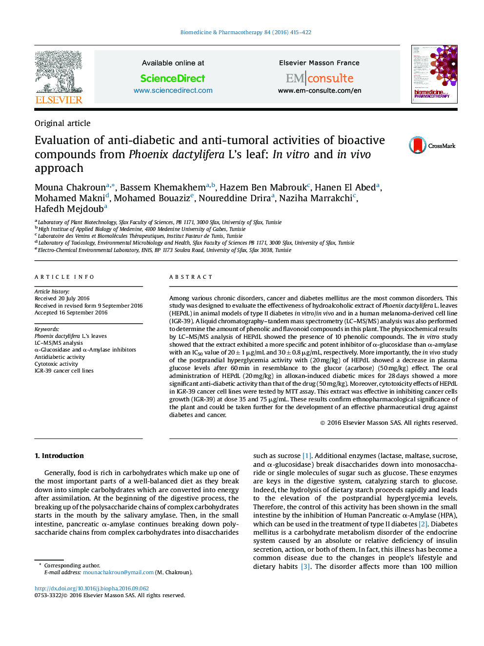 Evaluation of anti-diabetic and anti-tumoral activities of bioactive compounds from Phoenix dactylifera L's leaf: In vitro and in vivo approach