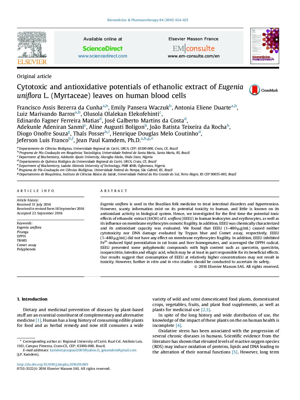 Cytotoxic and antioxidative potentials of ethanolic extract of Eugenia uniflora L. (Myrtaceae) leaves on human blood cells