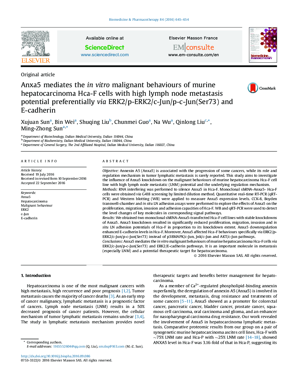 Anxa5 mediates the in vitro malignant behaviours of murine hepatocarcinoma Hca-F cells with high lymph node metastasis potential preferentially via ERK2/p-ERK2/c-Jun/p-c-Jun(Ser73) and E-cadherin